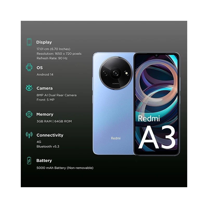 گوشی موبایل شیائومی مدل Redmi A3 ظرفیت ۶۴ گیگابایت رم ۳ گیگابایت